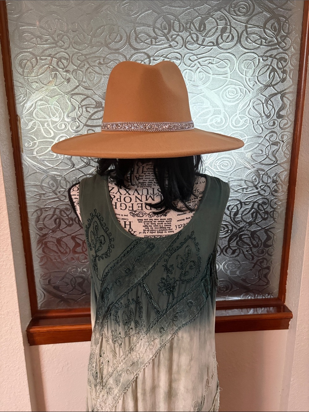 Wide-Brim Tan Hat with Rhinestone Band